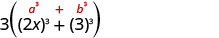 A mathematical expression 3((2x)^3 + (3)^3) is shown, with a red hint 'a^3 + b^3' above the sum of cubes, indicating the formula for the sum of two cubes.